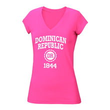 Dominican Republic v-neck tee in fuchsia. 100% cotton, slim-fit, v-neck women's tee with Dominican Republic logo printed on the front