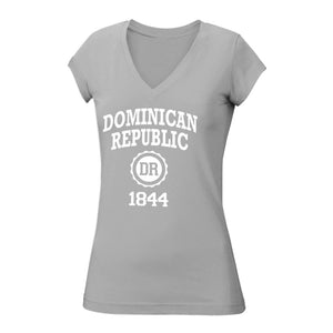 Dominican Republic, Women's Fashion, 1844 Independence, Cultural Apparel, V-Neck T-Shirt, Historical Fashion, Dominican Heritage, Patriotic Clothing, Stylish Tribute, Heritage Apparel, Women's Wardrobe, National Pride, Fashion Statement, Contemporary Design, Dominican Republic History.
