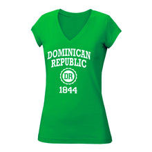 Dominican Republic v-neck tee in kelly green. 100% cotton, slim-fit, v-neck women's tee with Dominican Republic logo printed on the front