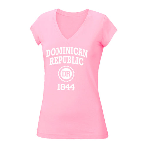 Dominican Republic, Women's Fashion, 1844 Independence, Cultural Apparel, V-Neck T-Shirt, Historical Fashion, Dominican Heritage, Patriotic Clothing, Stylish Tribute, Heritage Apparel, Women's Wardrobe, National Pride, Fashion Statement, Contemporary Design, Dominican Republic History.