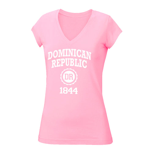 Dominican Republic v-neck tee in soft pink. 100% cotton, slim-fit, v-neck women's tee with Dominican Republic logo printed on the front