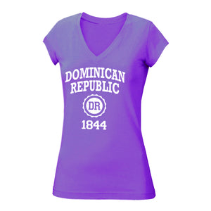 Dominican Republic v-neck tee in purple. 100% cotton, slim-fit, v-neck women's tee with Dominican Republic logo printed on the front
