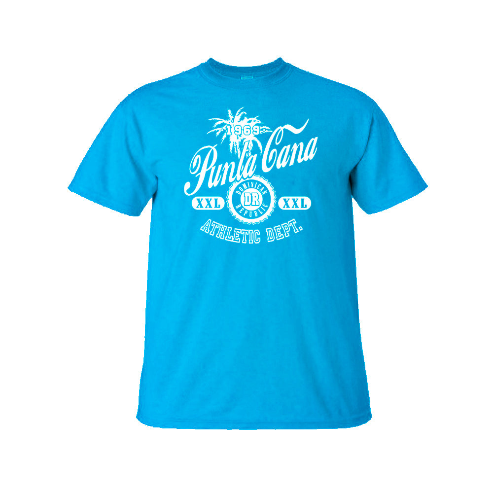 Punta Cana T-Shirts basic kid's tee in turquoise. This 100% cotton simple crew neck t-shirt features our Punta Cana Athletic Department logo printed on the front. Tagless printed label for maximum comfort.