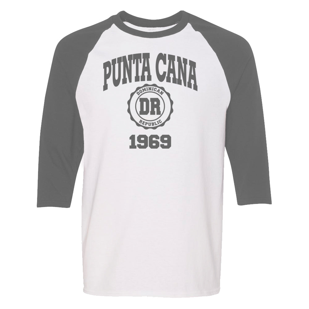 Punta Cana 1969 men's long sleeve raglan shirt in athletic grey. 100% cotton long sleeve raglan shirt with Punta Cana 1969 logo printed on the front