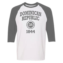 Dominican Republic 1844 men's long sleeve raglan shirt in athletic grey. 100% cotton long sleeve raglan shirt with Dominican Republic 1844 logo printed on the front