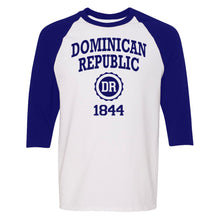 Dominican Republic 1844 men's long sleeve raglan shirt in navy blue. 100% cotton long sleeve raglan shirt with Dominican Republic 1844 logo printed on the front