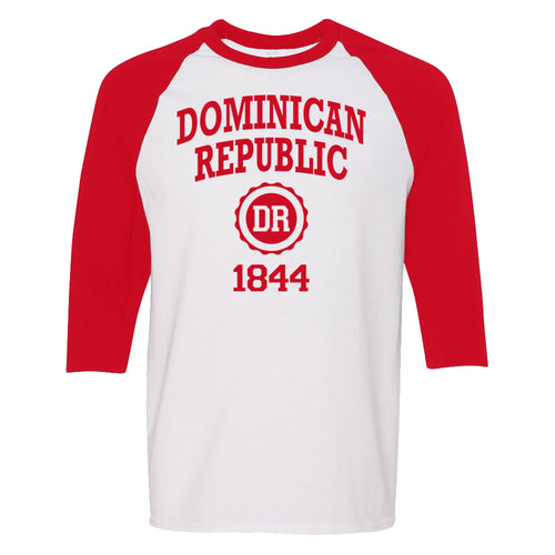 Dominican Republic 1844 men's long sleeve raglan shirt in red. 100% cotton long sleeve raglan shirt with Dominican Republic 1844 logo printed on the front
