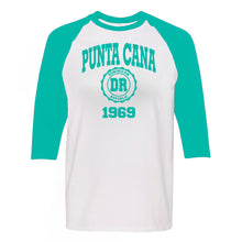 Punta Cana 1969 women's long sleeve raglan shirt in mint green. 100% cotton long sleeve raglan shirt with Punta Cana 1969 logo printed on the front