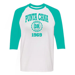 Punta Cana 1969 women's long sleeve raglan shirt in mint green. 100% cotton long sleeve raglan shirt with Punta Cana 1969 logo printed on the front