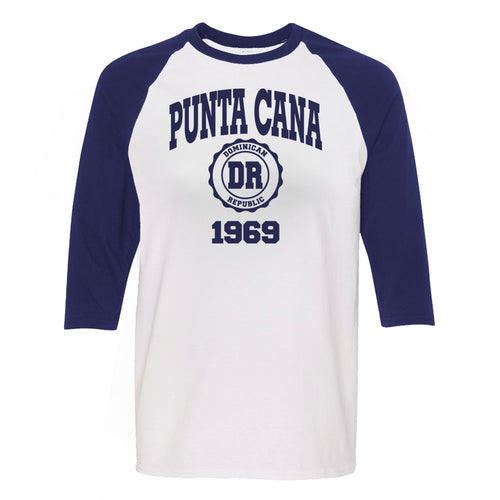 Punta Cana 1969 women's long sleeve raglan shirt in navy blue. 100% cotton long sleeve raglan shirt with Punta Cana 1969 logo printed on the front