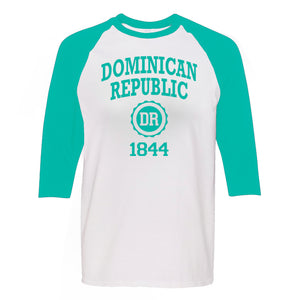 Dominican Republic 1844 women's long sleeve raglan shirt in mint green. 100% cotton long sleeve raglan shirt with Dominican Republic 1844 logo printed on the front