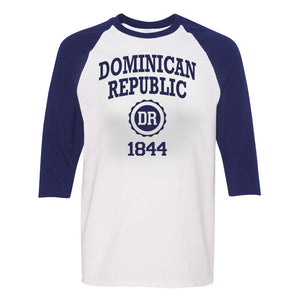 Dominican Republic 1844 women's long sleeve raglan shirt in navy blue. 100% cotton long sleeve raglan shirt with Dominican Republic 1844 logo printed on the front