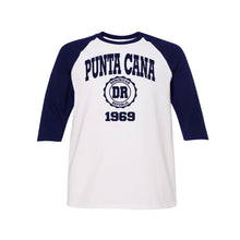 Punta Cana 1969 kid's long sleeve raglan shirt in navy blue. 100% cotton long sleeve raglan shirt with Punta Cana 1969 logo printed on the front