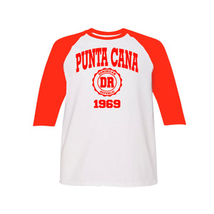 Punta Cana 1969 kid's long sleeve raglan shirt in red. 100% cotton long sleeve raglan shirt with Punta Cana 1969 logo printed on the front