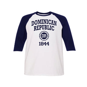 Dominican Republic 1844 kid's long sleeve raglan shirt in navy blue. 100% cotton long sleeve raglan shirt with Dominican Republic 1844 logo printed on the front