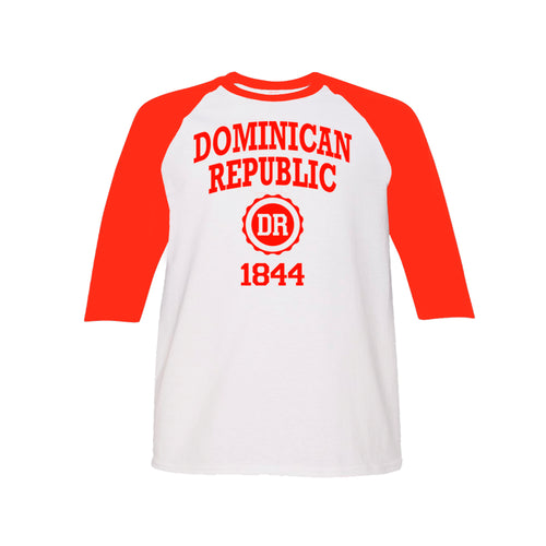 Dominican Republic 1844 kid's long sleeve raglan shirt in red. 100% cotton long sleeve raglan shirt with Dominican Republic 1844 logo printed on the front