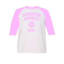 Dominican Republic 1844 kid's long sleeve raglan shirt in soft pink. 100% cotton long sleeve raglan shirt with Dominican Republic 1844 logo printed on the front
